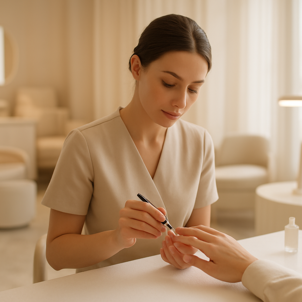 Manicurist applying polish to a client in a modern beauty salon